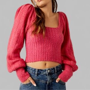 Free People Pink Ribbed Knit Balloon Sleeve Sweater-size Medium-Katie style EUC
